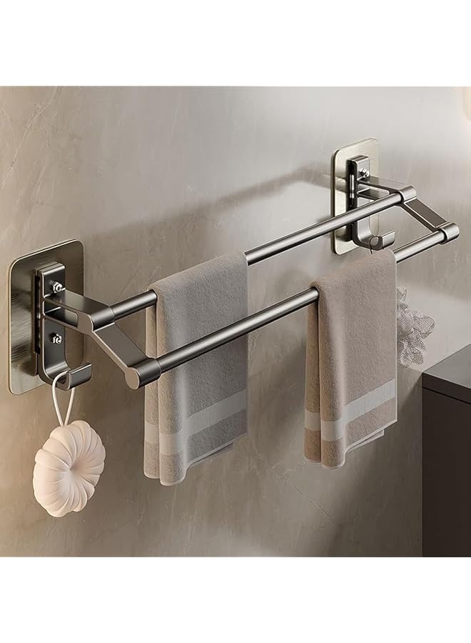 erorex 40CM Towel Rack, Self-Adhesive Towel Rack with Anti-Rust Aluminum, 2 Tier Double Bar Towel Rack Pole with 2 Hooks, Non-Drilling Towel Rack, Wall Mounted, For Bathroom Kitchen Shower - Image 1
