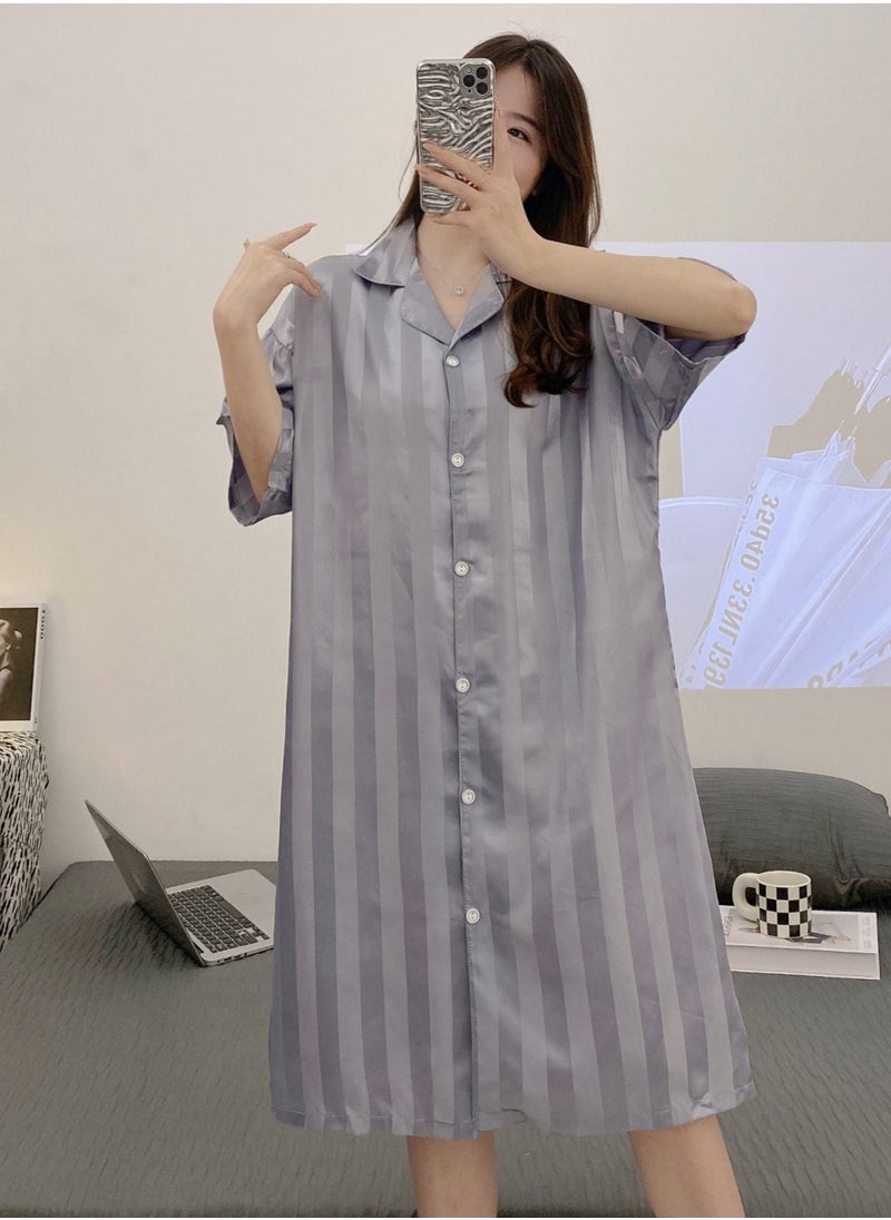 General - Cardigan jacquard strip home simple nightgown - Image 1
