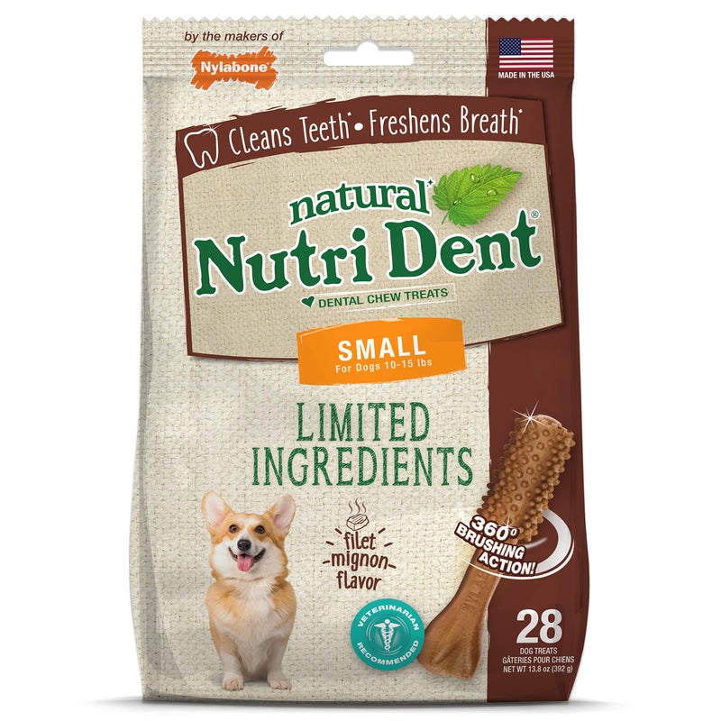 Nylabone Nutri Dent Dog Dental Chews - Natural Dog Teeth Cleaning & Breath Freshener - Dental Treats for Dogs - Filet Mignon Flavor, Small (28 Count) - Image 1