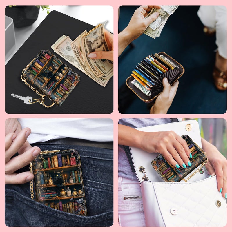 Blusabaca Bookshelf and Cat Credit Card Holder for Women, Small RFID Wallet with Zipper, Card Keychain Wallet, Leather Wallet Card Case, Business Blocking Accordion Wallet Gift - Image 3