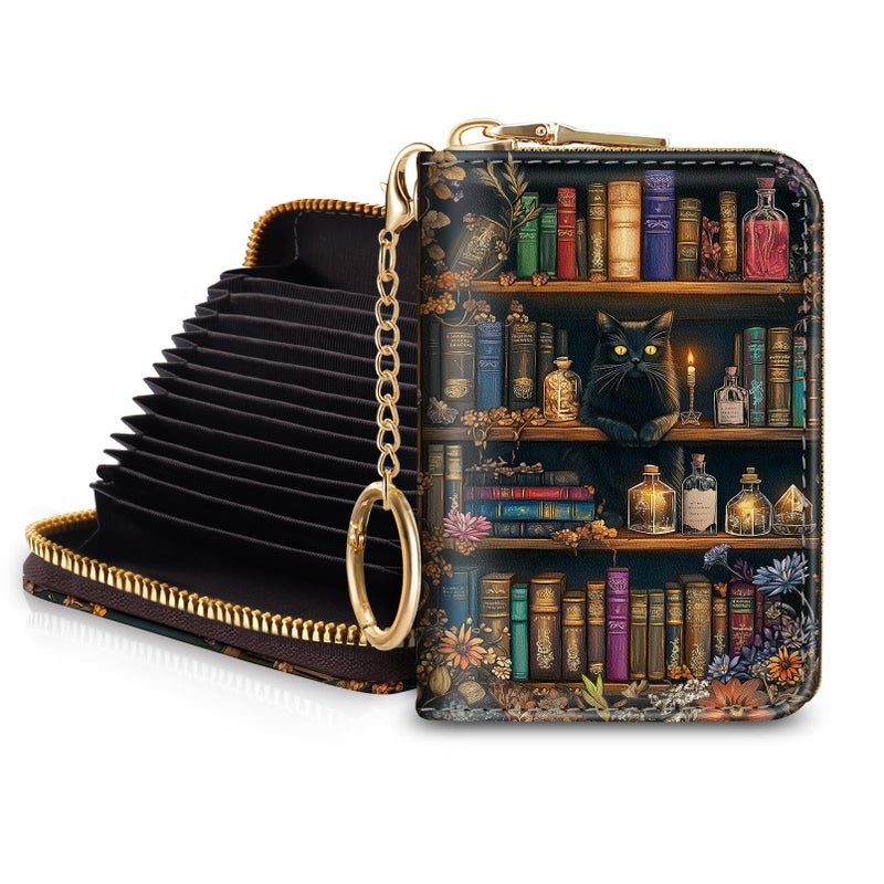 Blusabaca Bookshelf and Cat Credit Card Holder for Women, Small RFID Wallet with Zipper, Card Keychain Wallet, Leather Wallet Card Case, Business Blocking Accordion Wallet Gift - Image 1