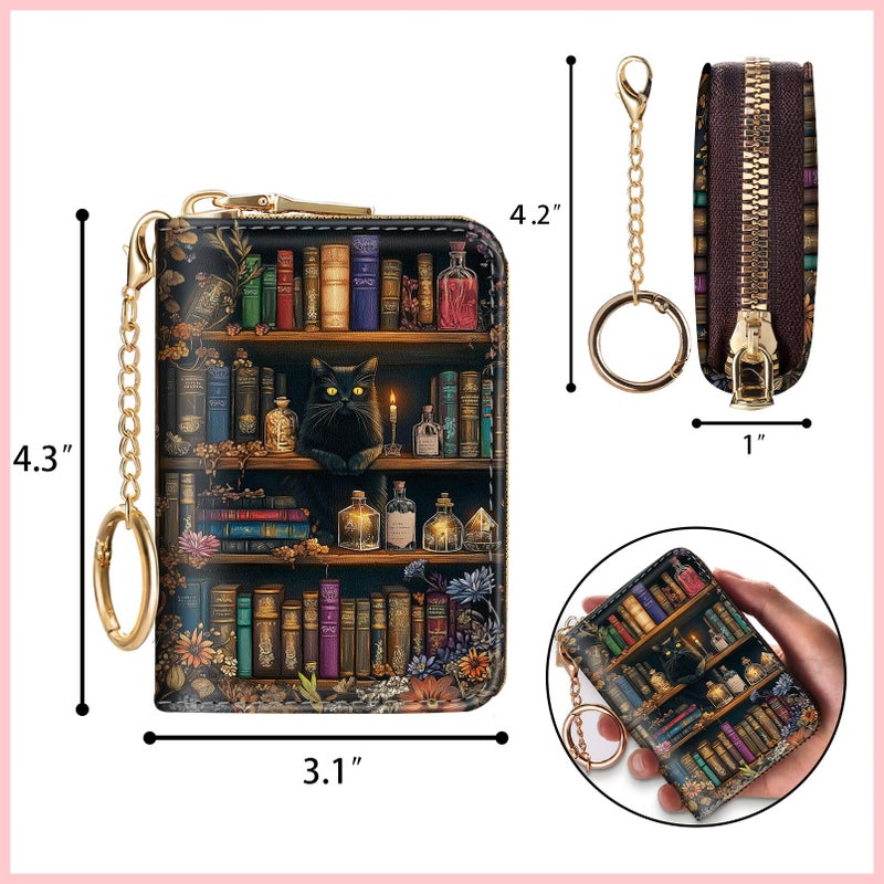Blusabaca Bookshelf and Cat Credit Card Holder for Women, Small RFID Wallet with Zipper, Card Keychain Wallet, Leather Wallet Card Case, Business Blocking Accordion Wallet Gift - Image 4