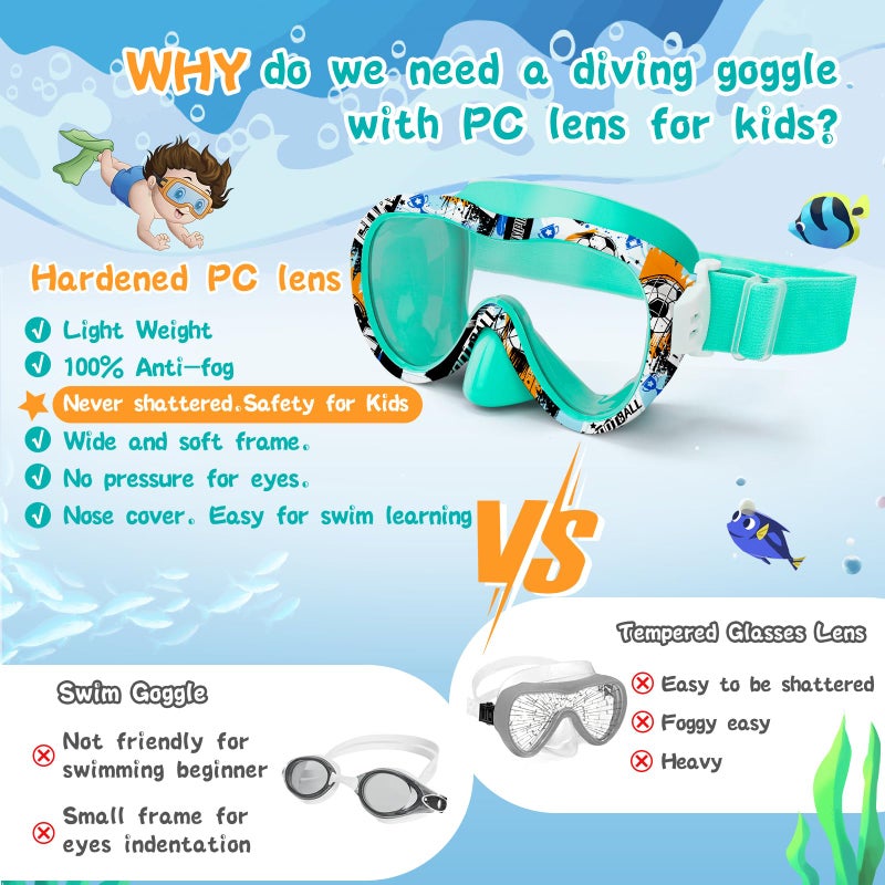 Wave Kids Swim Goggles with Nose Cover, 180Â° Panoramic Snorkel Mask with Anti-Fog & Anti-Leak Design, Comfort Fabric Strap UV Protection Lens for Boys Girls Ages 3-15 - Image 5