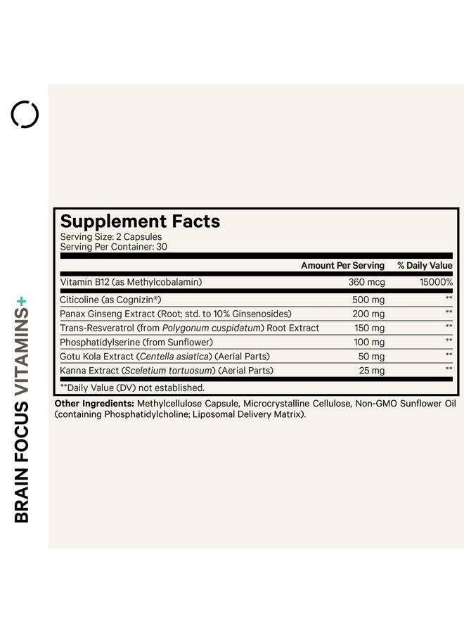 Codeage Brain Focus Vitamins+ Nootropic Supplement with Citicoline as Cognizin, Panax Ginseng, Resveratrol, Gotu Kola, Vitamin B12 Methylcobalamin - Liposomal Delivery - Non-GMO - 60 Capsules - Image 2
