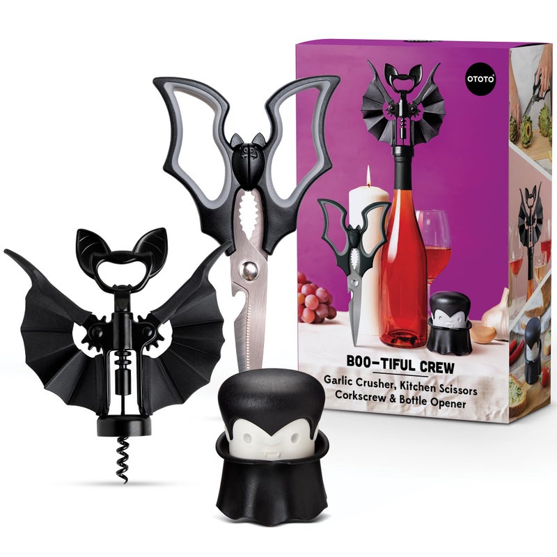 OTOTO Boo-tiful Crew Bundle of Elizabat, Vino, Gracula - Halloween Kitchen Decor Goth Accessories, Cool Kitchen Gadgets, Bat Scissors, Spooky, Witchy Bottle Opener, Garlic Crusher, Spooky Funny Gifts - Image 1