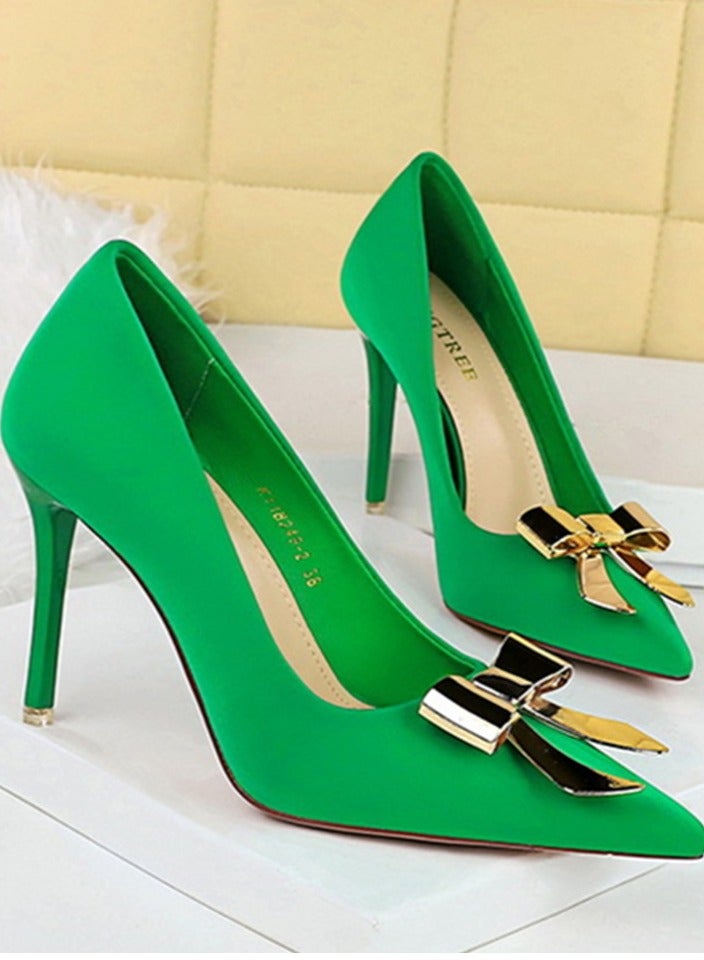 BIGTREE Women's Metal Bowknot Decoration Party Stiletto Pumps Satin Pointed Closed Toe High Heels Green 10.5CM - Image 2