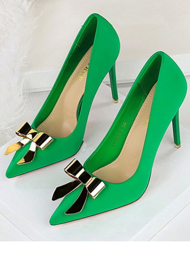 BIGTREE Women's Metal Bowknot Decoration Party Stiletto Pumps Satin Pointed Closed Toe High Heels Green 10.5CM - Image 1