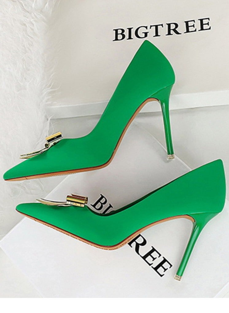 BIGTREE Women's Metal Bowknot Decoration Party Stiletto Pumps Satin Pointed Closed Toe High Heels Green 10.5CM - Image 3