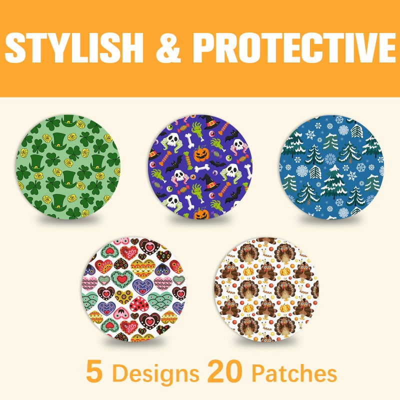 Kuruyo 20Pcs G7 Over Patches & Stelo Overpatches Waterproof & Sweatproof, Latex-Free Hypoallergenic,15 Days Long-Stay CGM Sensor Covers Adhesive Tape Without Hole, 5 Festival Designs - Image 3