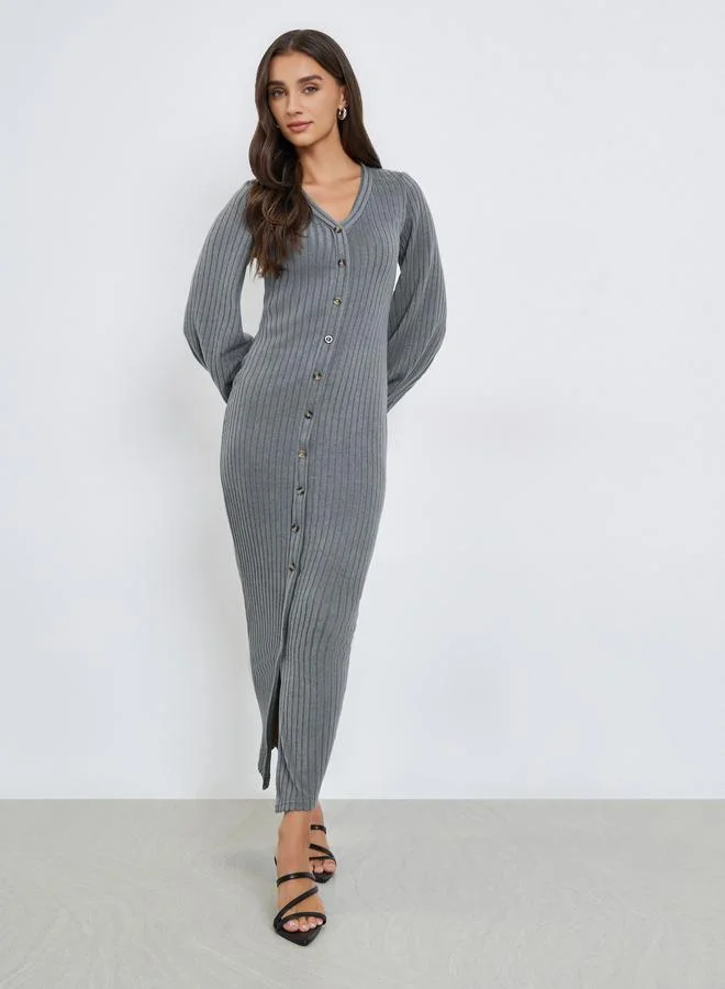 Styli Grey Ribbed Balloon Sleeve V-Neck Midi Dress