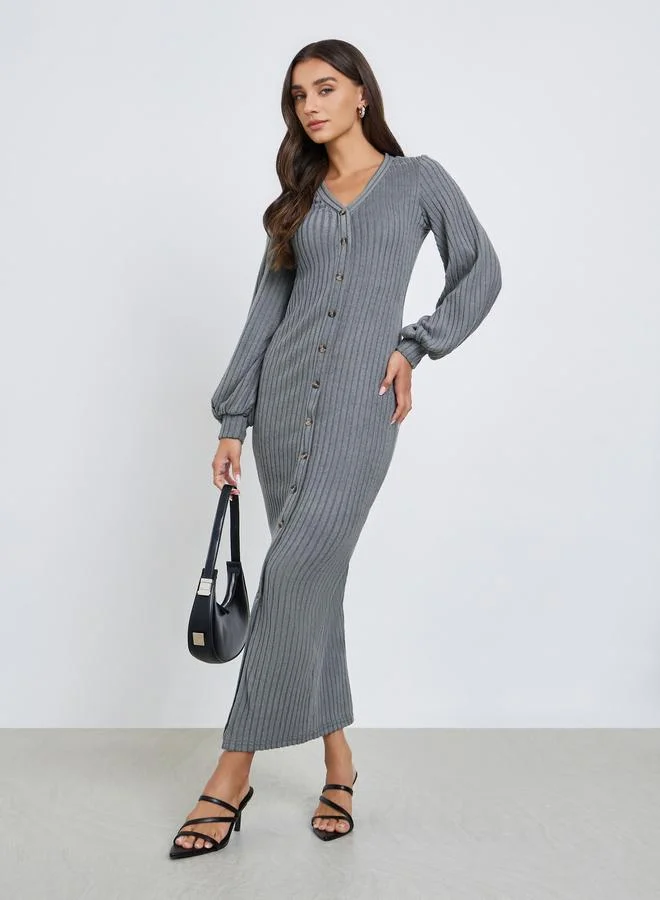 Styli Grey Ribbed Balloon Sleeve V-Neck Midi Dress