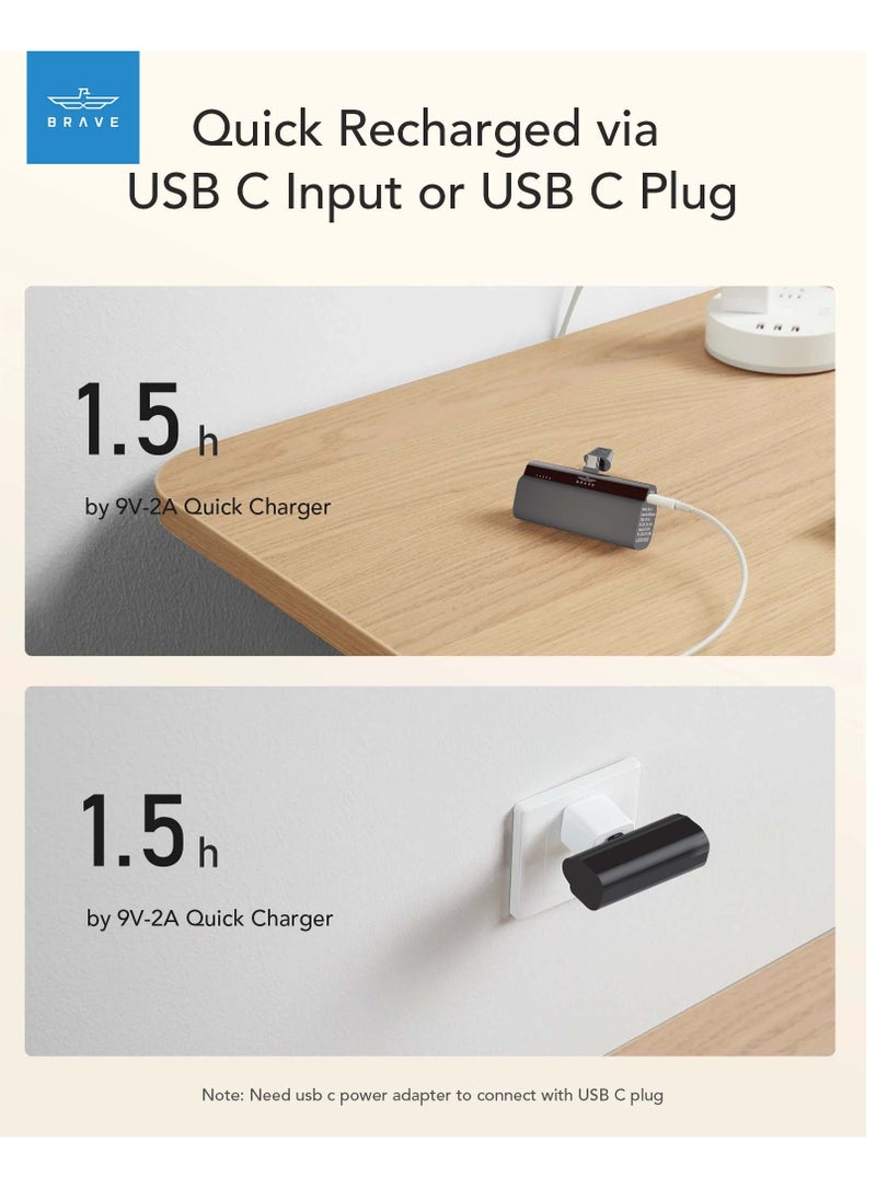 Brave - Mini Portable Charger 5000mAh - 20W PD Ultra-Compact Fast Charging Power Bank, Cordless Battery Pack Compatible with iPhone 16 Pro Max, 16 Pro, 16 Plus, iPhone 15 Series, Samsung Galaxy S24/S23/S22/S21/S20, Huawei, and All Android Devices- Black - Image 1