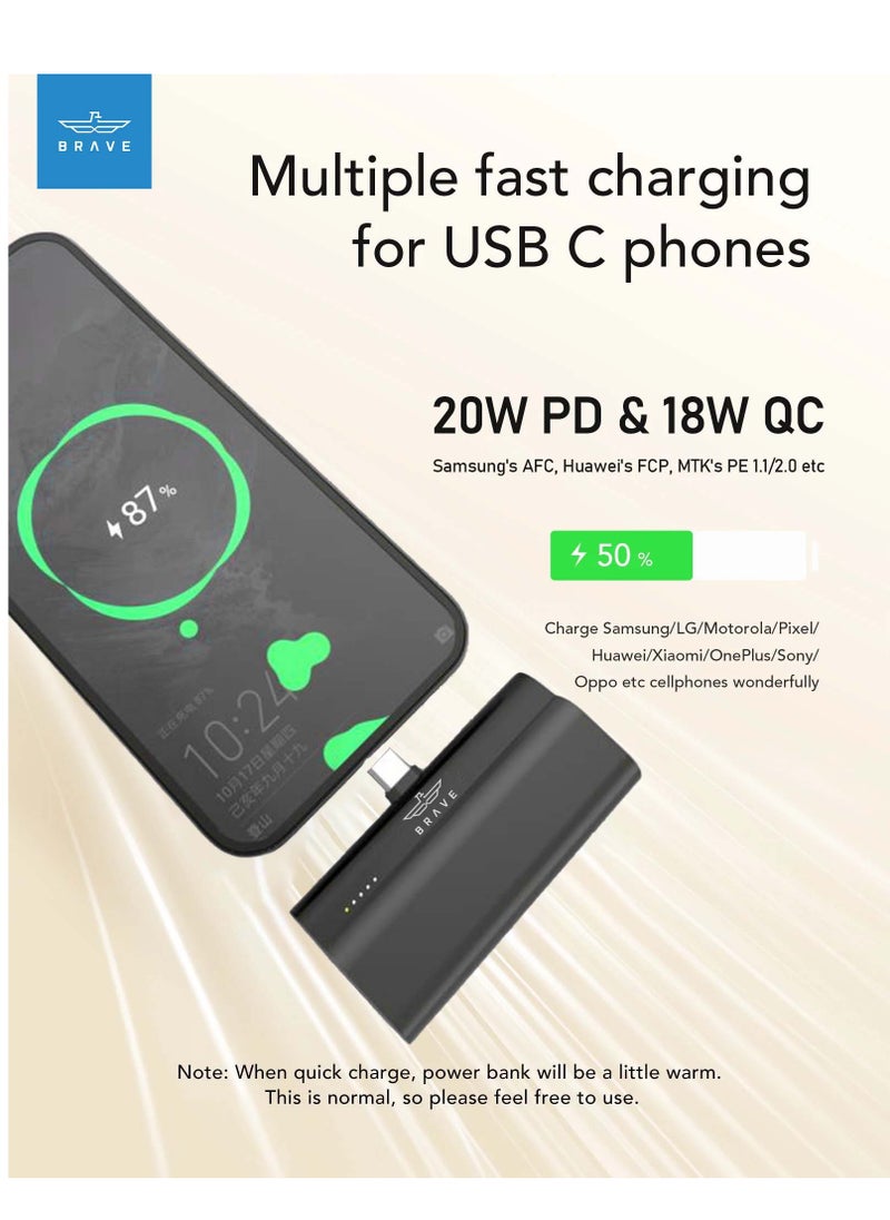 Brave - Mini Portable Charger 5000mAh - 20W PD Ultra-Compact Fast Charging Power Bank, Cordless Battery Pack Compatible with iPhone 16 Pro Max, 16 Pro, 16 Plus, iPhone 15 Series, Samsung Galaxy S24/S23/S22/S21/S20, Huawei, and All Android Devices- Black - Image 1