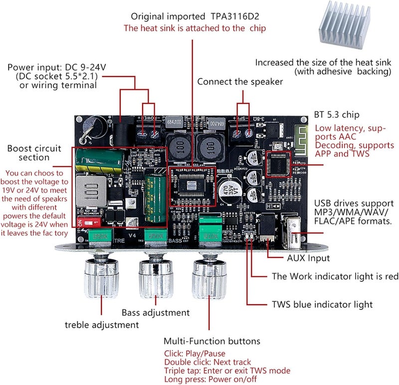 Marhynchus 100W Stereo Pairing Amplifier Board 5.3 Amp Module with Speaker Pairing Dual Indicator Lights for TV Computer Audio Devices - Image 5