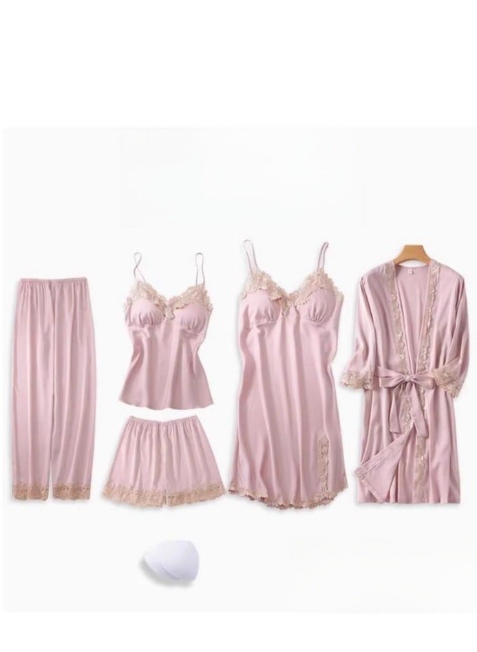 Pajama Women's Ice Silk Five Piece Set With High-End Feel And Chest Cushion Silk Home Suit Set - Image 1