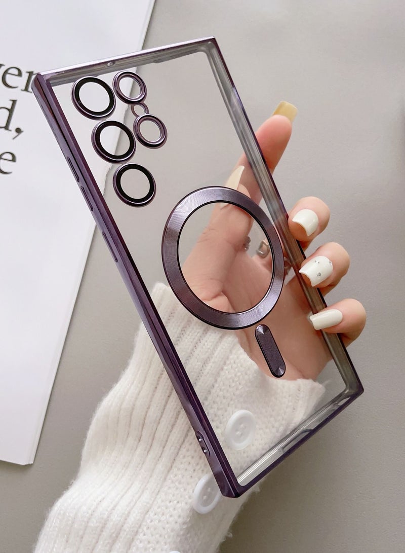 Color Fans Classic Plating Magnetic Magsafe Wireless Transparent Clear Case For Samsung Galaxy S22 Ultra Purple - Image 1