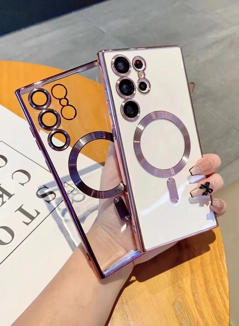 Color Fans Classic Plating Magnetic Magsafe Wireless Transparent Clear Case For Samsung Galaxy S22 Ultra Purple - Image 3