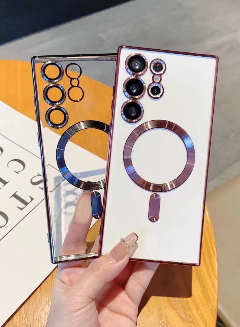 Color Fans Classic Plating Magnetic Magsafe Wireless Transparent Clear Case For Samsung Galaxy S22 Ultra Purple - Image 2