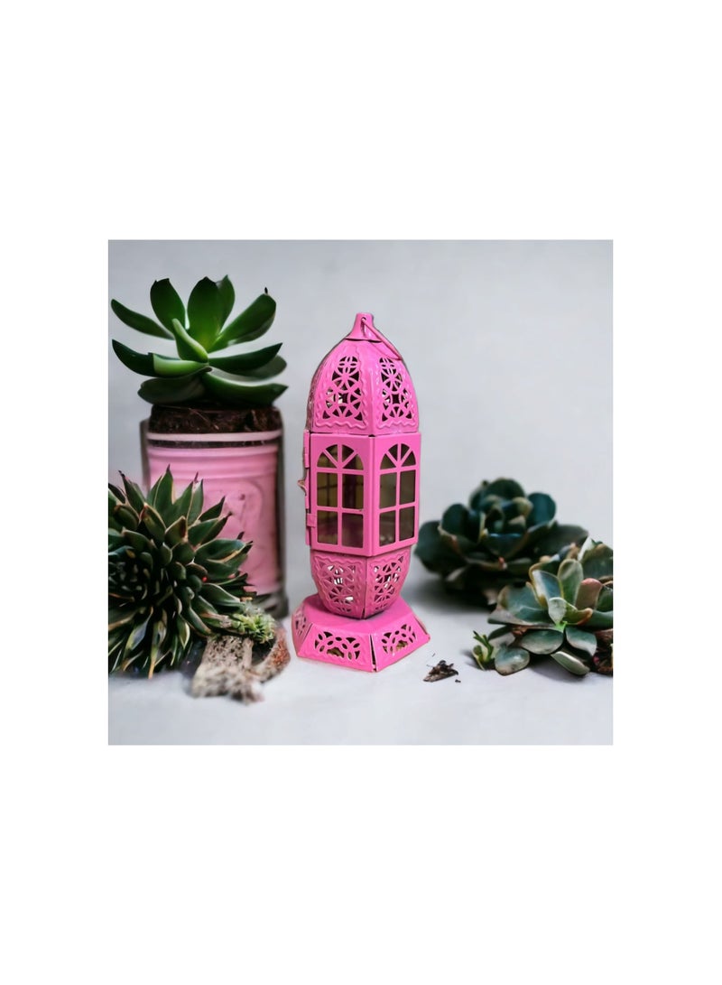 Ramadan Lantern Glass Metal 19" Decorative Islamic Style - Pink- Unique Design Decorative Decorative Accent