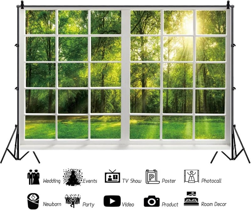 Renaiss خلفية نافذة الربيع رينايس 7x5 قدم من بوليستر بيضاء مع أشعة الشمس وأشجار الغابة الخضراء وعشب المناظر الطبيعية لعالم التصوير الفوتوغرافي لحفلات الزفاف وأعياد الميلاد والديكور وملحقات الصور - Image 4