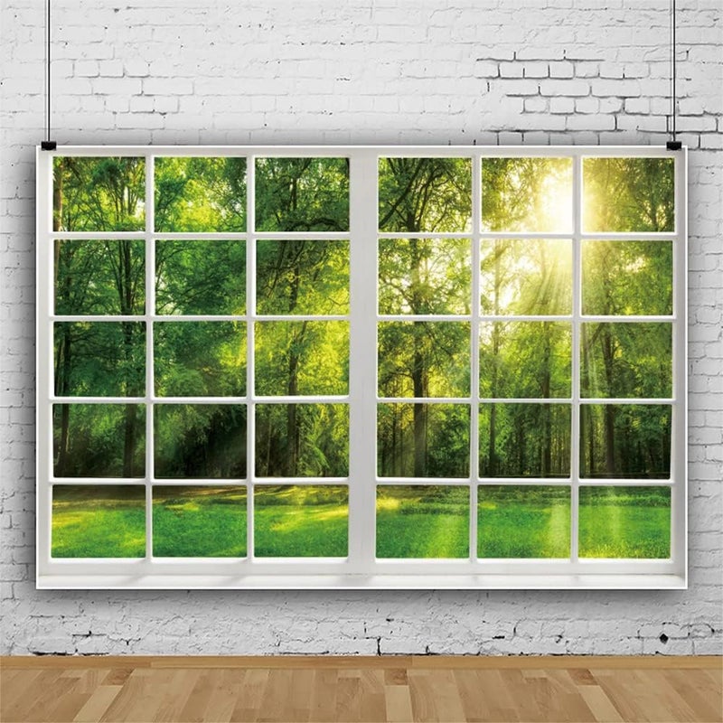 Renaiss خلفية نافذة الربيع رينايس 7x5 قدم من بوليستر بيضاء مع أشعة الشمس وأشجار الغابة الخضراء وعشب المناظر الطبيعية لعالم التصوير الفوتوغرافي لحفلات الزفاف وأعياد الميلاد والديكور وملحقات الصور - Image 3