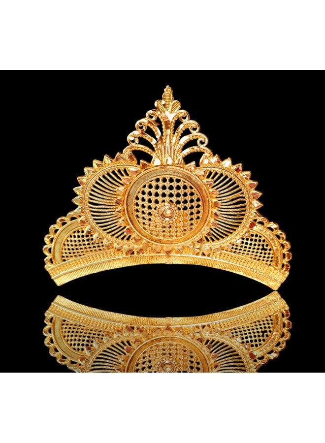BengCraft Traditional Wedding Biyer Golden Mukut Tiara for Bengali Bride | Gold Color Plated Bridal Head Crown Hair Accessories for Women & Girls | | Big Size Bada Taj Mutuk for Laddu Gopal, Krishna, Durga Devi Maa God and Goddes Idols - Image 2