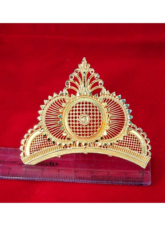 BengCraft Traditional Wedding Biyer Golden Mukut Tiara for Bengali Bride | Gold Color Plated Bridal Head Crown Hair Accessories for Women & Girls | | Big Size Bada Taj Mutuk for Laddu Gopal, Krishna, Durga Devi Maa God and Goddes Idols - Image 3