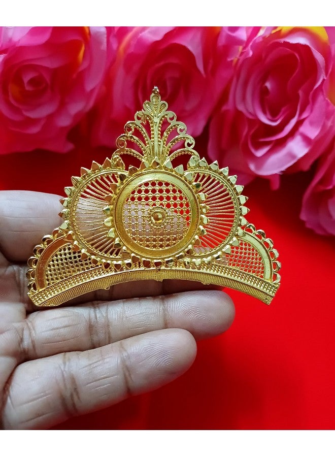 BengCraft Traditional Wedding Biyer Golden Mukut Tiara for Bengali Bride | Gold Color Plated Bridal Head Crown Hair Accessories for Women & Girls | | Big Size Bada Taj Mutuk for Laddu Gopal, Krishna, Durga Devi Maa God and Goddes Idols - Image 4