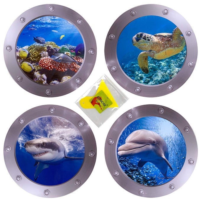 11 Inch Round 3D Porthole Window Adhesive Stickers Ocean Theme Sea Turtle Shark Dolphin Waterproof Vinual Decals for Kids Room Bathroom Glass Decor Set of 4