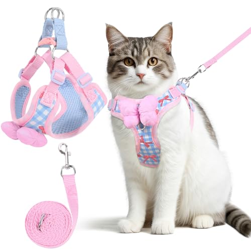 NCMAMA Cat Vest Harness and Leash Set for Walking Escape Proof, Adjustable Kitten Harness and Leash Set Breathable Mesh with Bow Harness for Kitty Puppy Bunny(Pink Small) - Image 1
