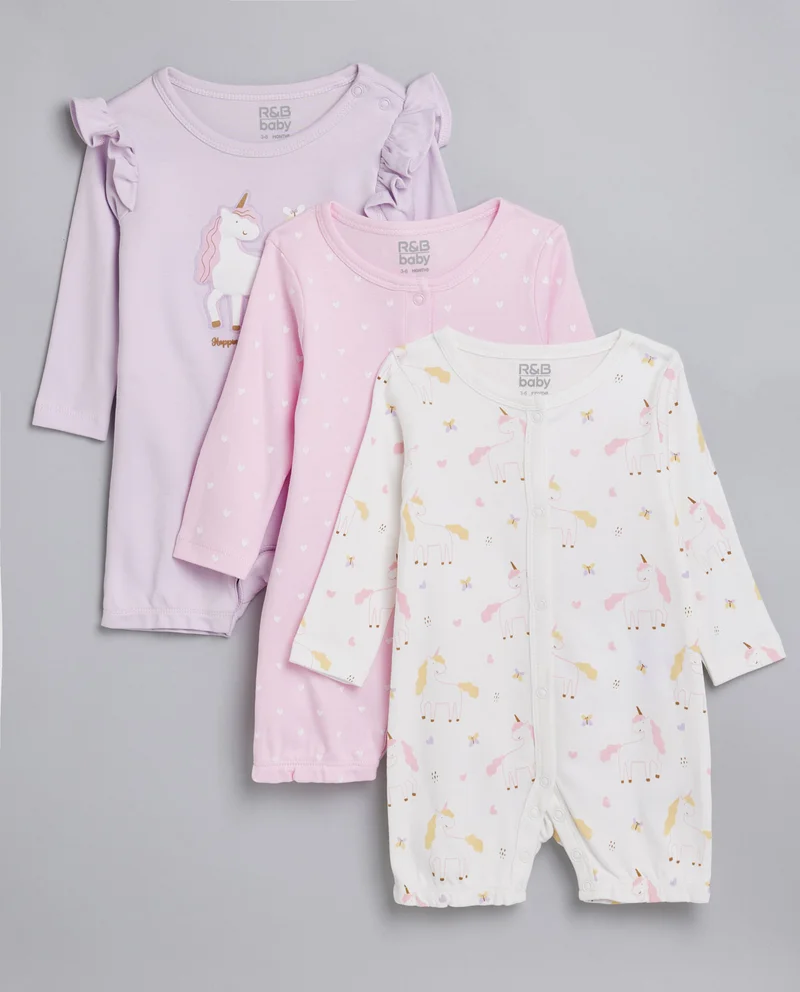 أر أند بي 3 Pack Printed Rompers with Long Sleeves