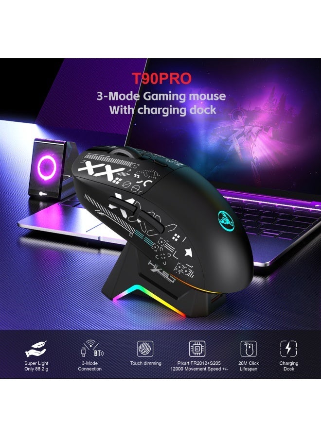 إتش إكس إس جيه ماوس ألعاب لاسلكي HXSJ T90PRO، ثلاثي الوضعيات 2.4G/بلوتوث 5.3/USB-C، خفيف للغاية 88 جم، مستشعر Pixart بدقة 12000 DPI، 6 أزرار قابلة للبرمجة، قاعدة شحن RGB –أسود - Image 2
