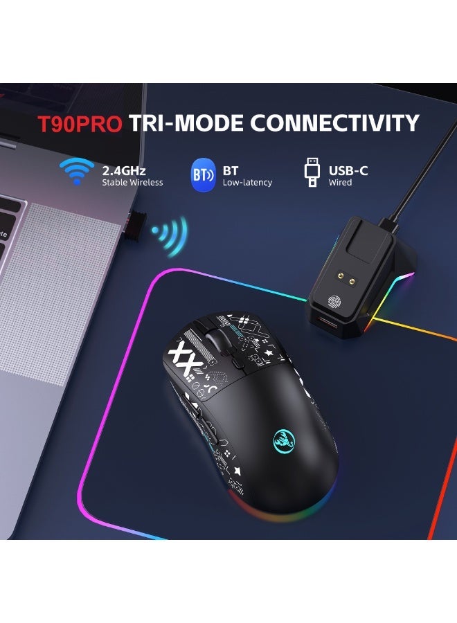 إتش إكس إس جيه ماوس ألعاب لاسلكي HXSJ T90PRO، ثلاثي الوضعيات 2.4G/بلوتوث 5.3/USB-C، خفيف للغاية 88 جم، مستشعر Pixart بدقة 12000 DPI، 6 أزرار قابلة للبرمجة، قاعدة شحن RGB –أسود - Image 3