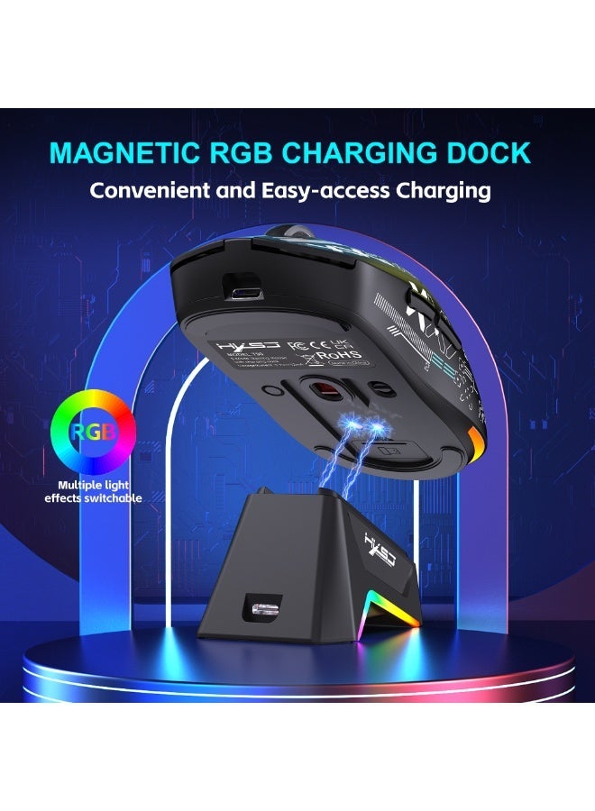 إتش إكس إس جيه ماوس ألعاب لاسلكي HXSJ T90PRO، ثلاثي الوضعيات 2.4G/بلوتوث 5.3/USB-C، خفيف للغاية 88 جم، مستشعر Pixart بدقة 12000 DPI، 6 أزرار قابلة للبرمجة، قاعدة شحن RGB –أسود - Image 5
