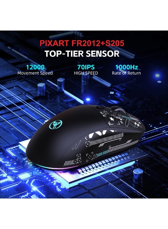 إتش إكس إس جيه ماوس ألعاب لاسلكي HXSJ T90PRO، ثلاثي الوضعيات 2.4G/بلوتوث 5.3/USB-C، خفيف للغاية 88 جم، مستشعر Pixart بدقة 12000 DPI، 6 أزرار قابلة للبرمجة، قاعدة شحن RGB –أسود - Image 4