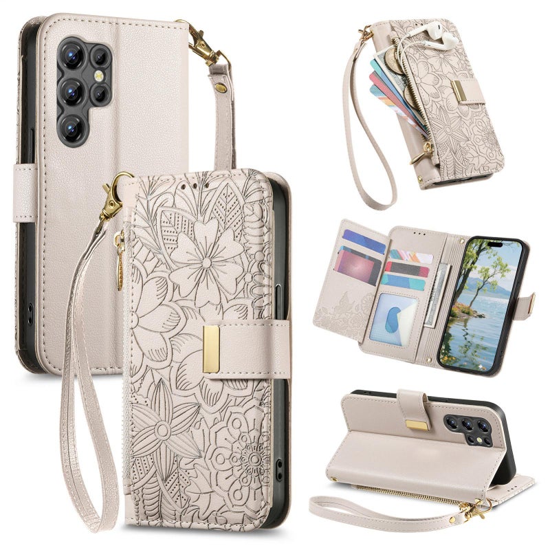 erorex For Oukitel C61 Flowers Leaves Zipper Wallet Leather Phone Case with Strap(Khaki) - Image 1