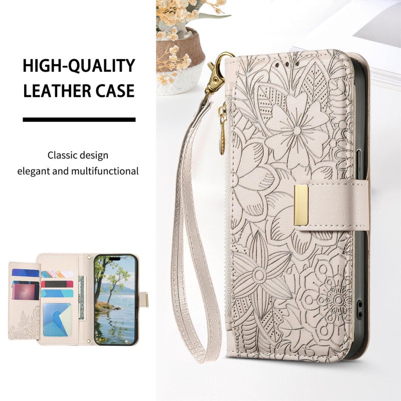 erorex For Oukitel C61 Flowers Leaves Zipper Wallet Leather Phone Case with Strap(Khaki) - Image 4