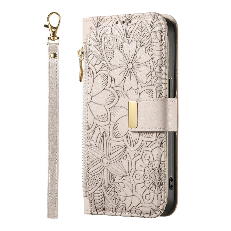 erorex For Oukitel C61 Flowers Leaves Zipper Wallet Leather Phone Case with Strap(Khaki) - Image 2
