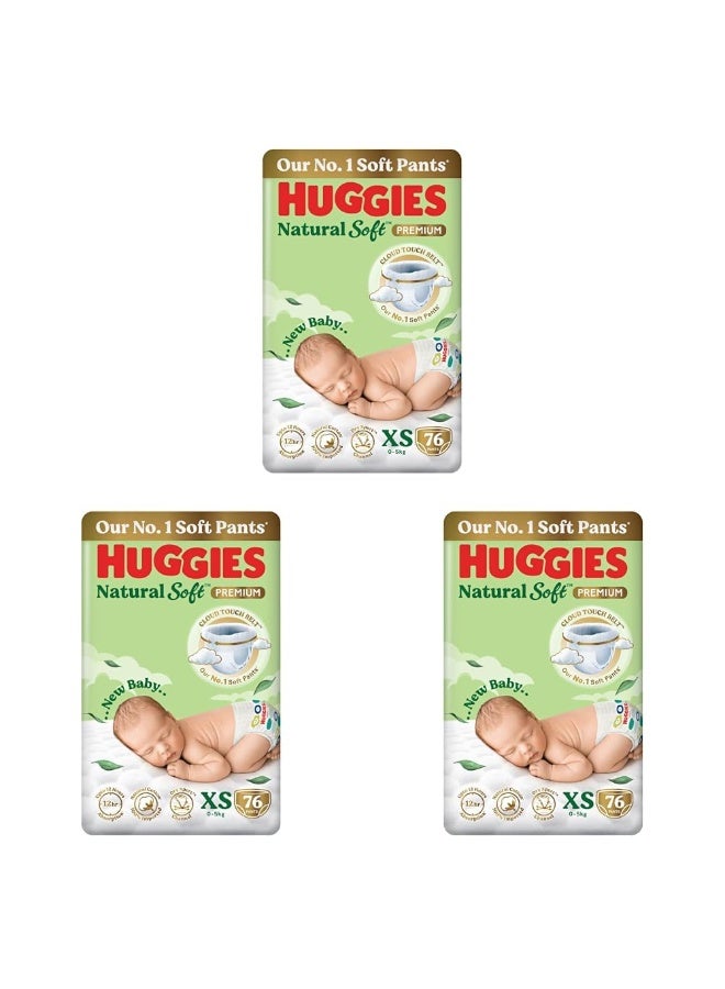 Huggies Natural Soft Premium Baby Diaper Pants, Our No.1 Soft Pants, Newborn/Extra Small (XS) Size (0-5 Kgs), Pack of 76*3 | Cloud Softness All over with India's 1st Cloud Touch Belt - Image 1