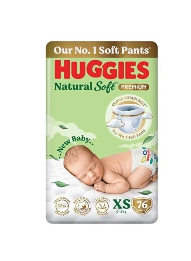 Huggies Natural Soft Premium Baby Diaper Pants, Our No.1 Soft Pants, Newborn/Extra Small (XS) Size (0-5 Kgs), Pack of 76*3 | Cloud Softness All over with India's 1st Cloud Touch Belt - Image 2
