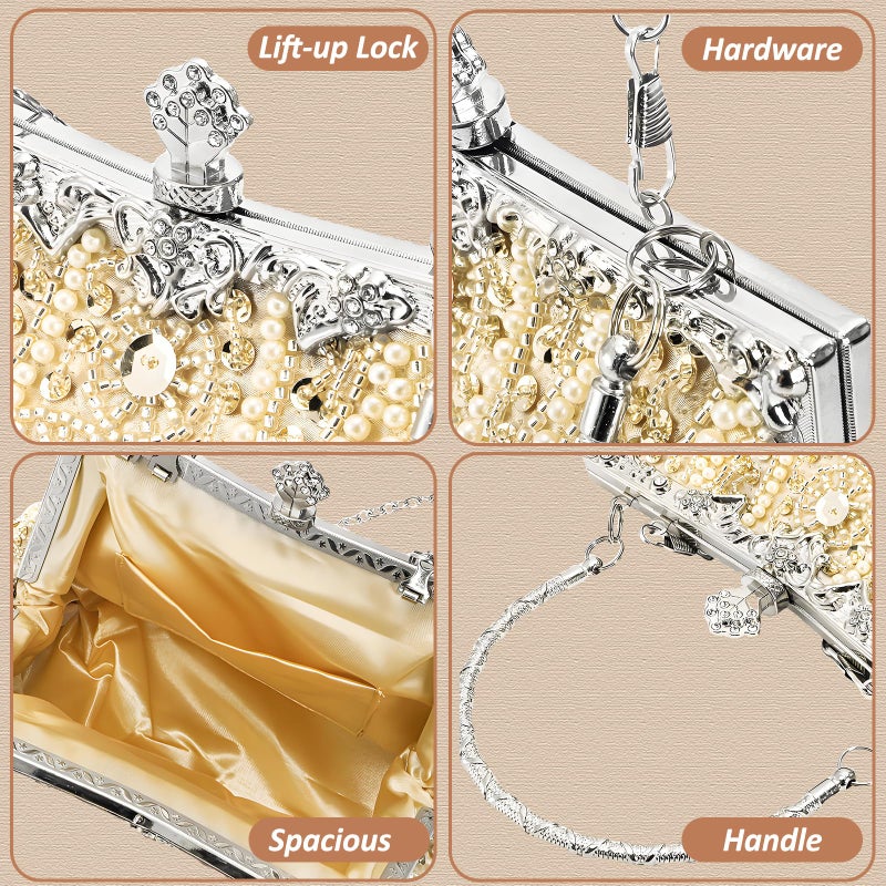 WRINGKIT 1920s Vintage Evening Bag, Champagne Beaded Clutch Purse for Woman, Elegant Rhinestone Clutch Crossbody Bag with Sequin Pearl, Evening Handbag Shoulder for Formal Bridal Wedding Party Prom - Image 5