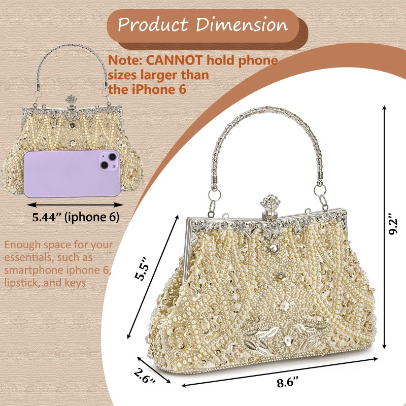 WRINGKIT 1920s Vintage Evening Bag, Champagne Beaded Clutch Purse for Woman, Elegant Rhinestone Clutch Crossbody Bag with Sequin Pearl, Evening Handbag Shoulder for Formal Bridal Wedding Party Prom - Image 4