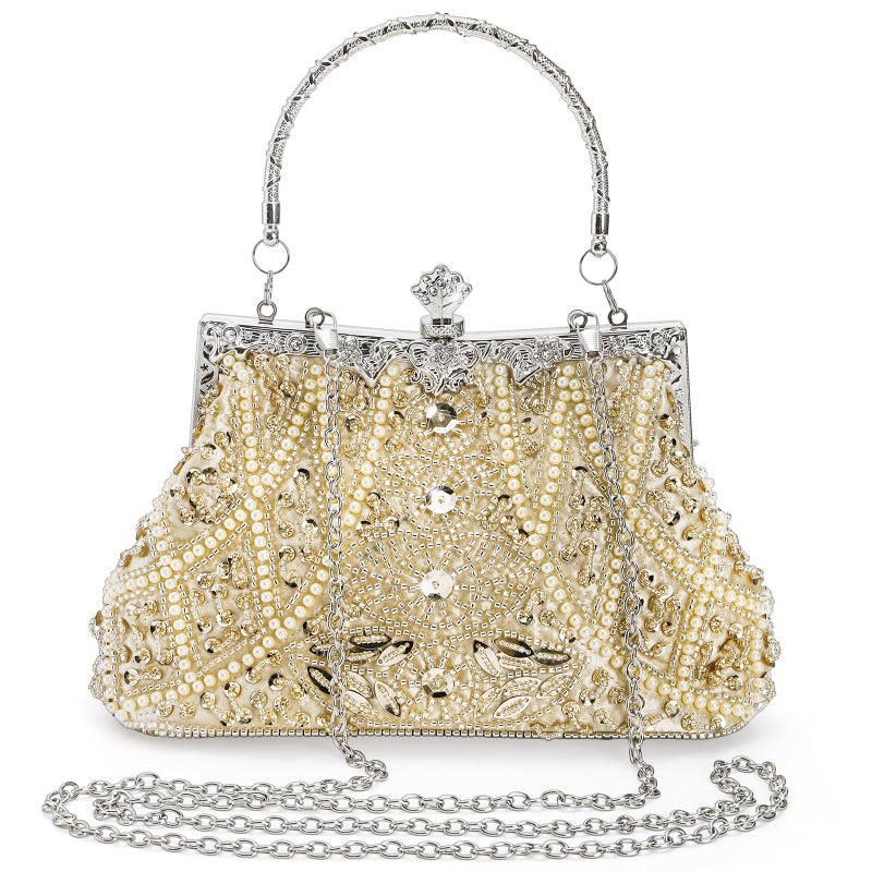 WRINGKIT 1920s Vintage Evening Bag, Champagne Beaded Clutch Purse for Woman, Elegant Rhinestone Clutch Crossbody Bag with Sequin Pearl, Evening Handbag Shoulder for Formal Bridal Wedding Party Prom - Image 1