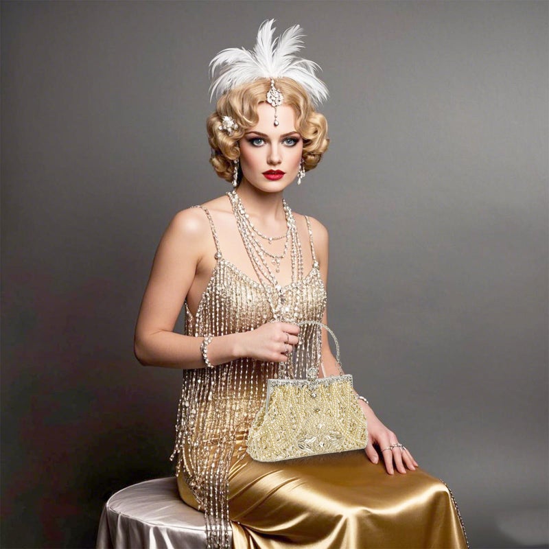 WRINGKIT 1920s Vintage Evening Bag, Champagne Beaded Clutch Purse for Woman, Elegant Rhinestone Clutch Crossbody Bag with Sequin Pearl, Evening Handbag Shoulder for Formal Bridal Wedding Party Prom - Image 3