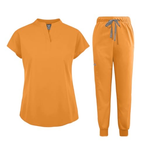 niaahinn Scrubs Set for Women Nurse Uniform Jogger Suit Stretch Top Pants with Multi Pocket for Nurse Esthetician Workwear Mango Yellow XSmall