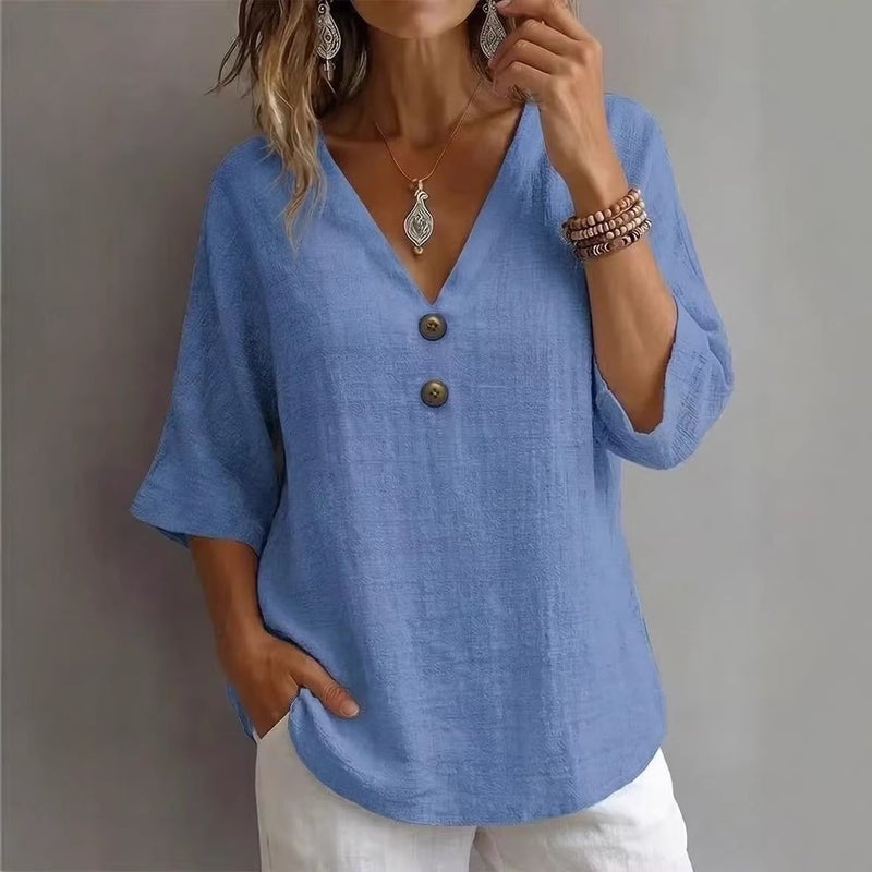 2026 والربيع والصيف القطن والكتان الفرنسي V-Neck زر مزين ثلاثة أرباع الأكمام فضفاض قميص أعلى للنساء - Image 2