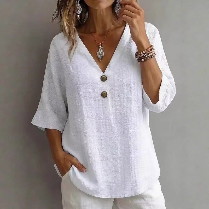 2026 والربيع والصيف القطن والكتان الفرنسي V-Neck زر مزين ثلاثة أرباع الأكمام فضفاض قميص أعلى للنساء - Image 5