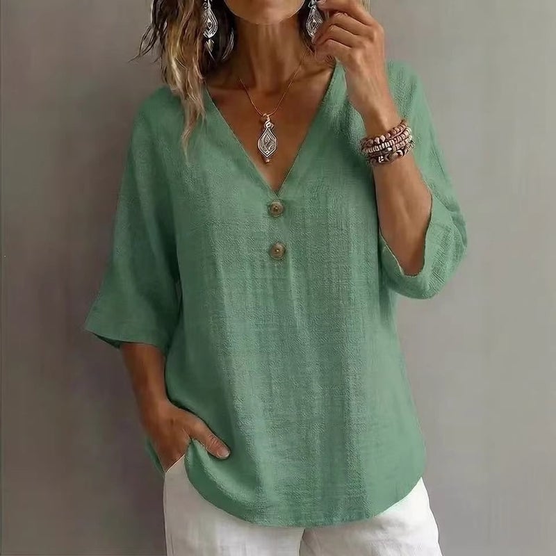 2026 والربيع والصيف القطن والكتان الفرنسي V-Neck زر مزين ثلاثة أرباع الأكمام فضفاض قميص أعلى للنساء - Image 3
