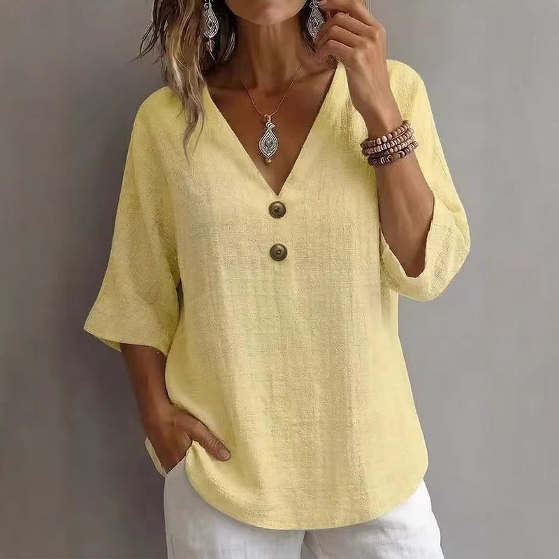 2026 والربيع والصيف القطن والكتان الفرنسي V-Neck زر مزين ثلاثة أرباع الأكمام فضفاض قميص أعلى للنساء - Image 4