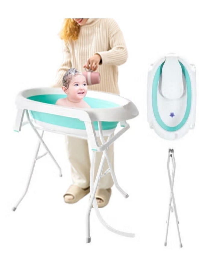 شو وو مجموعة حوض استحمام قابل للطي مع حامل قابل للطي مع أنبوب غسيل للأطفال حديثي الولادة والأطفال الصغار، محطة استحمام كاملة، تصميم صغير الحجم يوفر المساحة، للأعمار من 0 إلى 6 سنوات - Image 1